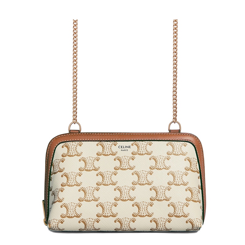 商品Celine|CELINE/赛琳 女士白色凯旋印花涂层帆布黄褐色小羊皮饰边链条单肩斜挎手拿包10E382CBX.01TA,价格¥6233,第2张图片详细描述