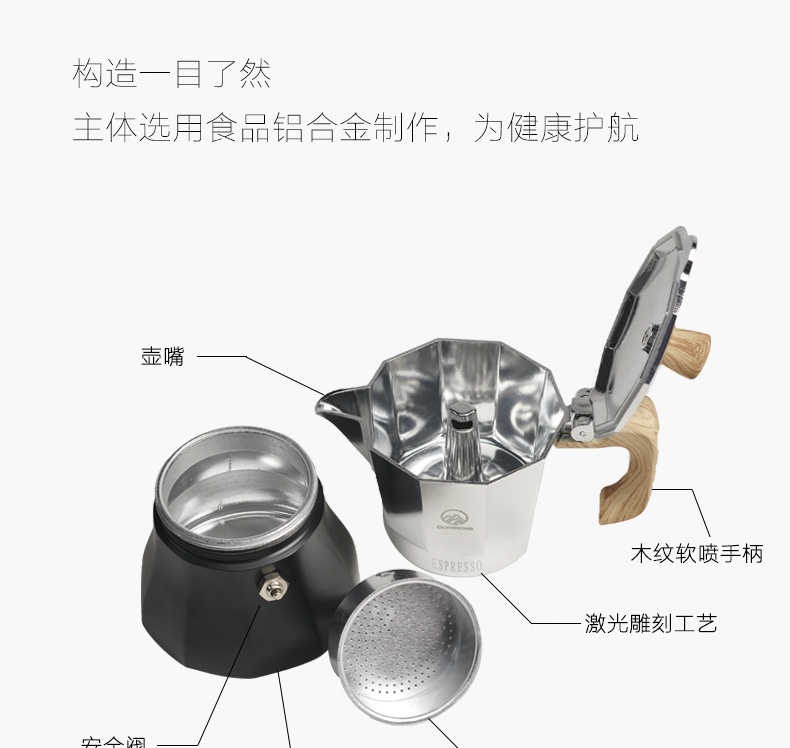 商品[国内直发] OLYMMONS|户外露营野餐旅行摩卡壶手冲咖啡壶煮咖啡粉壶环保铝壶,价格¥104,第18张图片详细描述
