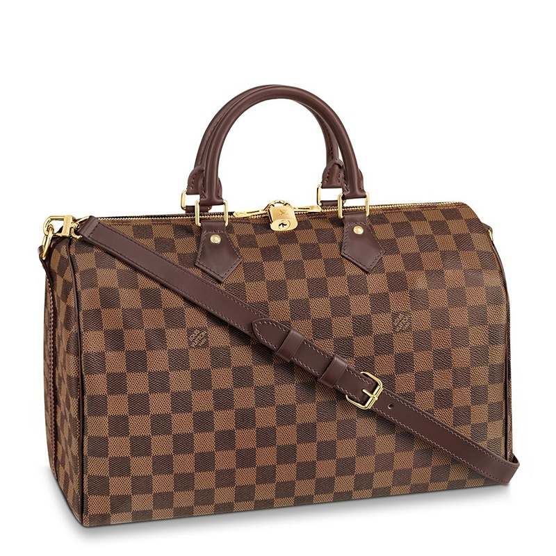 商品Louis Vuitton|预售10天 Louis Vuitton/路易威登 经典款SPEEDY 35系列 女士乌木色棋盘格帆布饰皮革滚边金扣配可拆卸肩带拉链开合单肩斜挎手提包N41366,价格¥14361,第2张图片详细描述