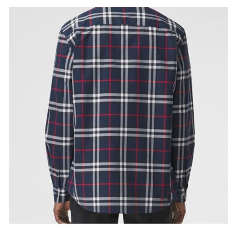 商品Burberry|BURBERRY/博柏利 男士海军蓝棉质红条中格纹经典款衬衫80208651,价格¥1650,第9张图片详细描述