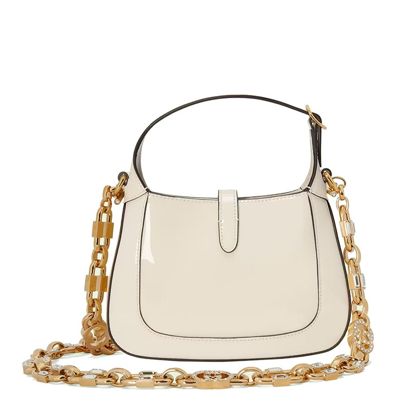 商品Gucci|GUCCI/古驰 22新款Jackie 1961系列 女士迷你白色漆皮金扣配水晶互扣式双G可拆卸链式肩带单肩斜跨手提包6996511J7CG9067,价格¥25785,第4张图片详细描述