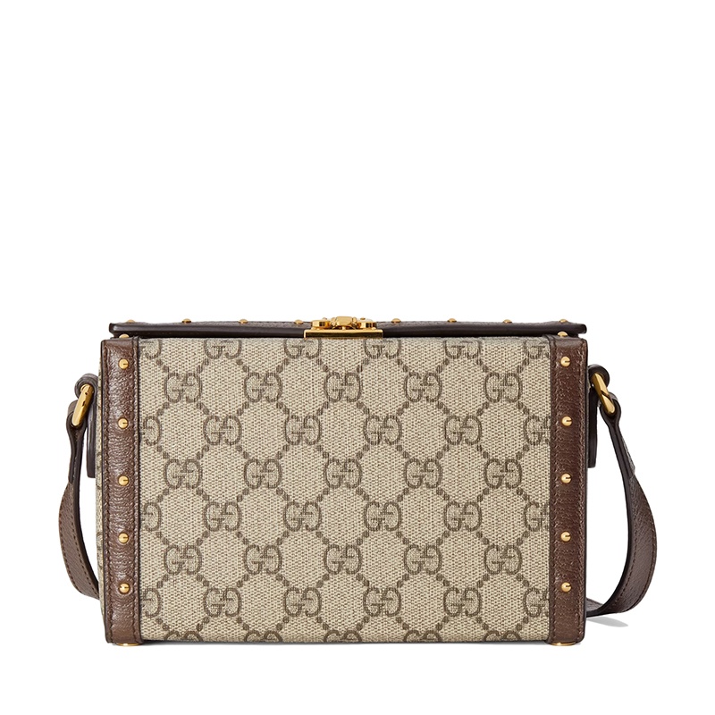 商品Gucci|预售1-2周 GUCCI/古驰 男女同款经典米色双G老花帆布棕色皮革滚边方形翻盖斜挎单肩手机包,价格¥10683,第5张图片详细描述