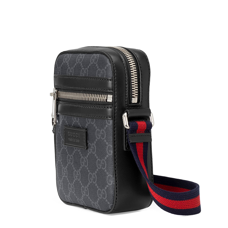 商品Gucci|GUCCI/古驰 22春夏新款 男士小号黑色/灰色帆布黑色皮革滚边饰红蓝条纹织物肩带银扣单肩斜跨邮差包682357K5RLN1095,价格¥6625,第3张图片详细描述