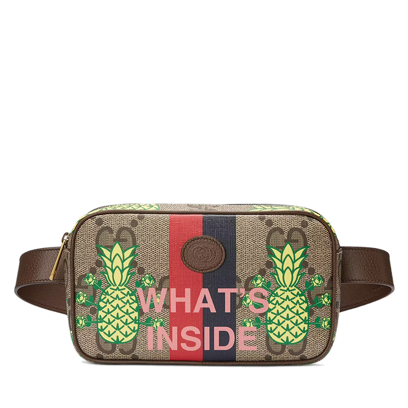 商品Gucci|GUCCI/古驰 22春夏新款Pineapple系列 男士米色/乌木色老花帆布棕色皮革滚边绿色菠萝元素印花皮扣徽标拉链开合腰包602695URRAT8569,价格¥7973,第7张图片详细描述