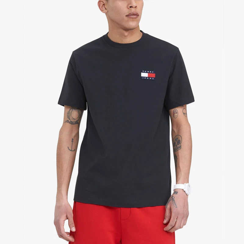 商品[国内直发] Tommy Hilfiger|TOMMY HILFIGER 男士黑色棉混纺左胸刺绣大标圆领短袖T恤 78J6383-001,价格¥306,第1张图片详细描述