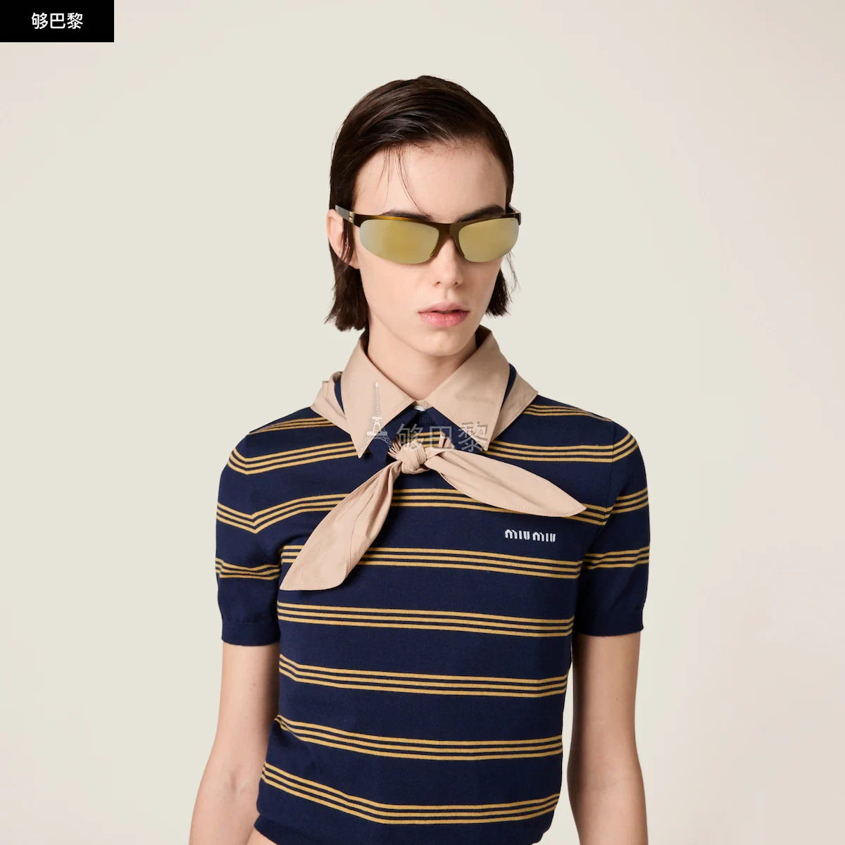 商品Miu Miu|【预售】 缪缪 25春夏 女士 针织衫 Pull polo à rayures en cachemire et soie MMLA18_150D_F0008_S_OOO,价格¥14723,第6张图片详细描述