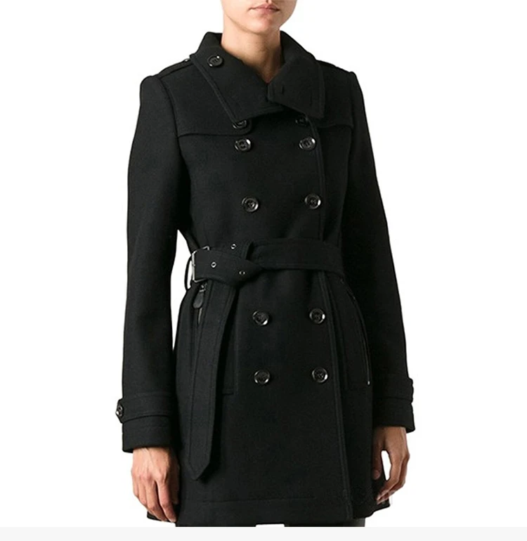 商品Burberry|Burberry 博柏利 女士黑色羊毛混纺休闲立领双排扣大衣 3887942,价格¥4835,第6张图片详细描述