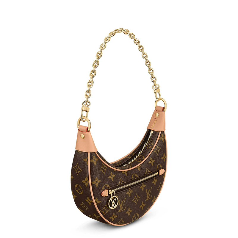 商品Louis Vuitton|【预售十天】路易威登 22春夏新款LOOP系列 女士经典棕色系老花帆布牛皮��革饰边金扣金链单肩手提豌豆月牙包M81098,价格¥17643,第5张图片详细描述