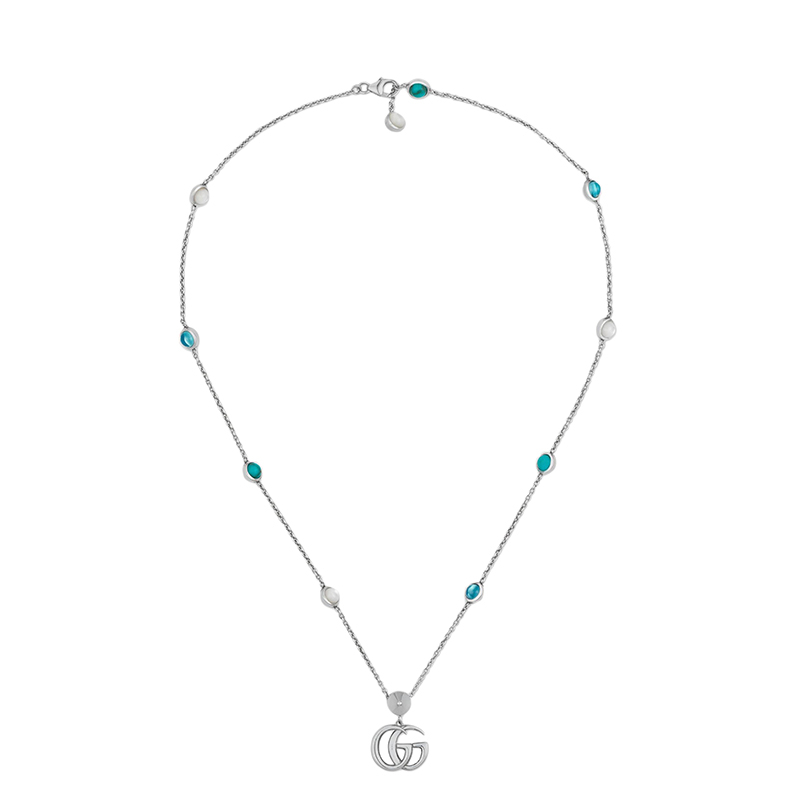 商品Gucci|GUCCI/古驰 经典925银双G白色珍珠母贝绿松石蓝色托帕石点缀复古项链‎,价格¥5151,第3张图片详细描述