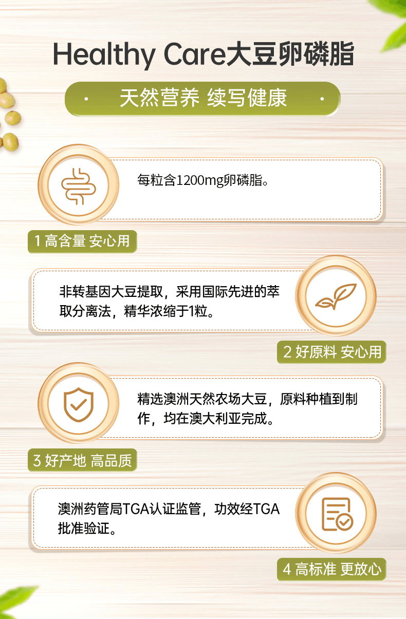 商品Healthy Care|HealthyCare澳洲大豆卵磷脂软胶囊100粒hc软磷脂保健,价格¥86,第5张图片详细描述