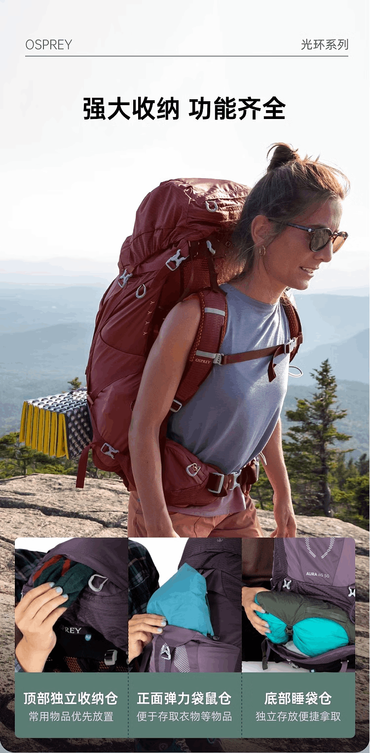 商品Osprey|光环50L/65L AURA AG  登山包女户外徒步大容量双肩包（香港仓发货）,价格¥2269,第5张图片详细描述