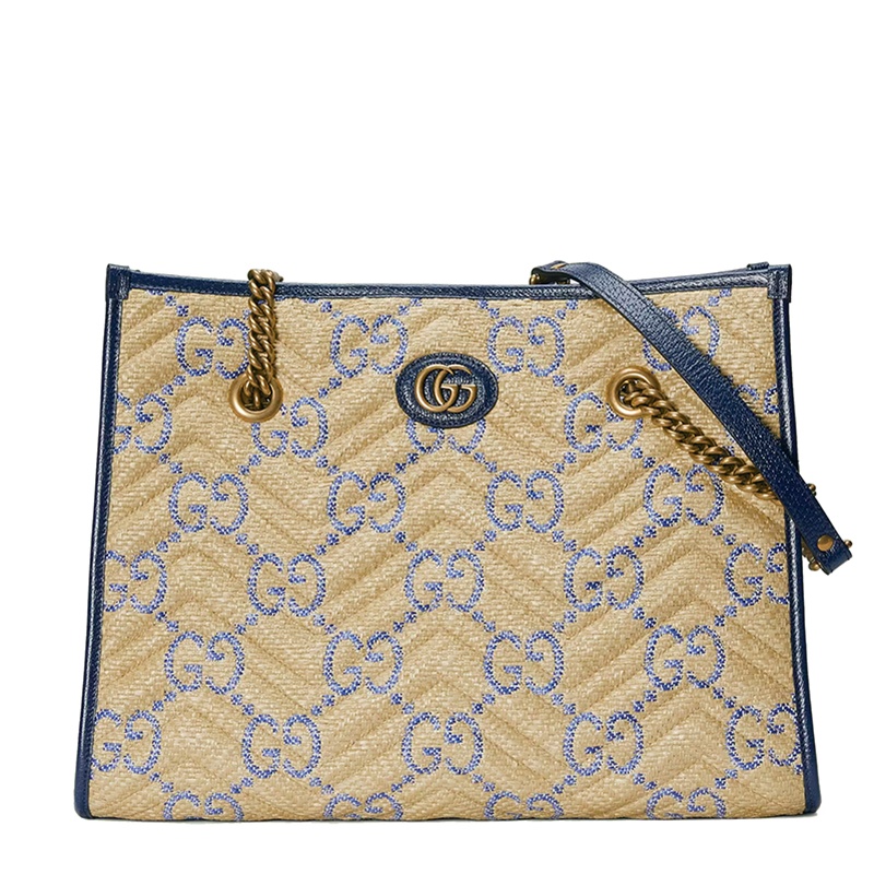 商品Gucci|【包税】GUCCI/古驰 22新款 GG Marmont系列 女士中号米色/蓝色拉菲草效果老花印花织物配皮金扣徽标金链单肩斜挎托特包675796UWBLT8925,价格¥17164,第6张图片详细描述
