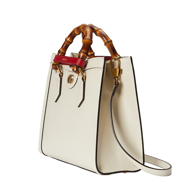 商品Gucci|GUCCI/古驰 22春夏新款Diana系列 女士小号白色皮革红色饰带金扣双竹节提手黄绿肩带单肩手提托特包702721U3ZDT9196,价格¥26021,第3张图片详细描述