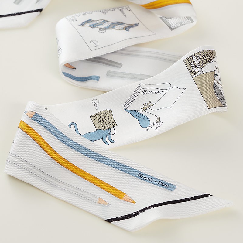 商品Hermes|Hermes爱马仕 Twilly女士白色/灰色真丝丝巾,价格¥1777,第3张图片详细描述
