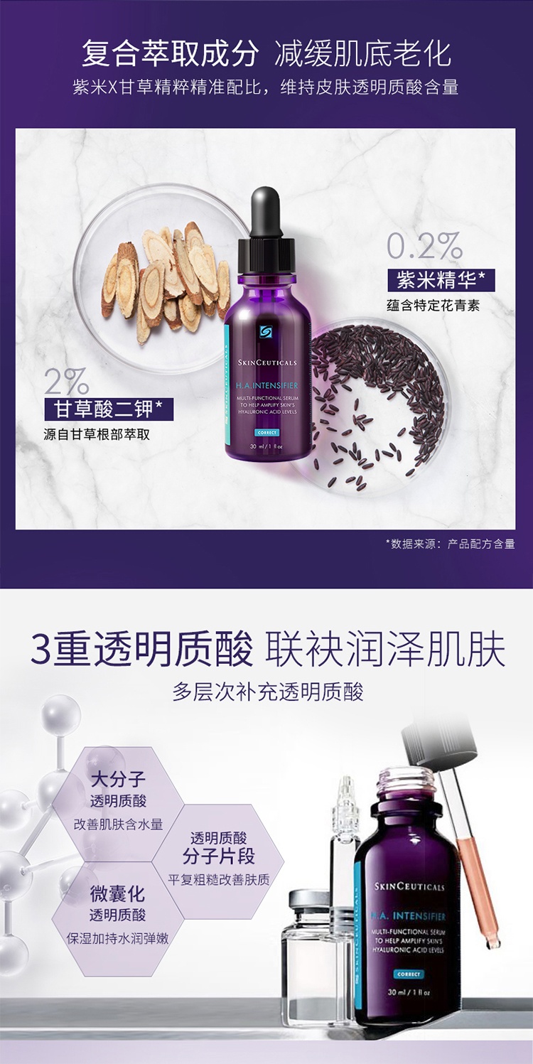 商品SkinCeuticals|SKINCEUTICALS修丽可 杜克紫米玻色因HA抗衰老紫米精华30ml,价格¥625,第13张图片详细描述