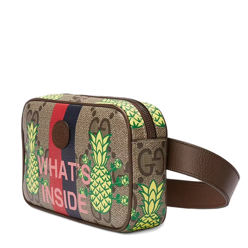 商品Gucci|GUCCI/古驰 22春夏新款Pineapple系列 男士米色/乌木色老花帆布棕色皮革滚边绿色菠萝元素印花皮扣徽标拉链开合腰包602695URRAT8569,价格¥7973,第3张图片详细描述