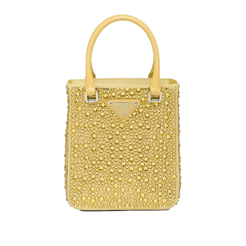 商品Prada|PRADA/普拉达 22新款 女士黄色水晶缎面皮革手柄拆卸调节肩带珐琅徽标手提单肩斜挎包1BA331_2AWL_F068X_V_OOO,价格¥23565,第4张图片详细描述