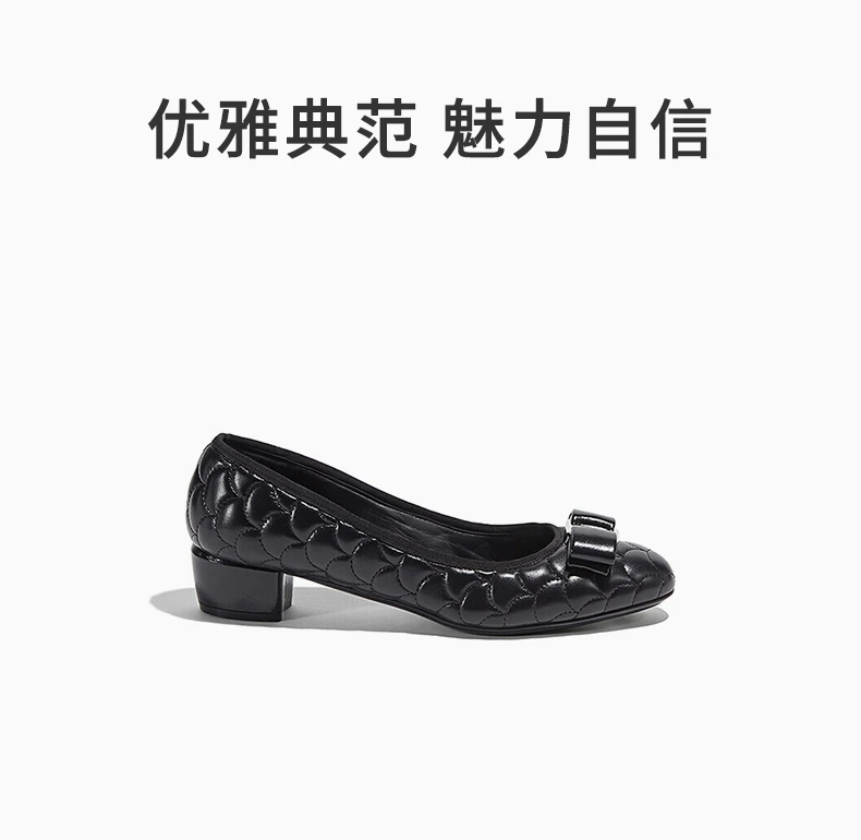 商品Salvatore Ferragamo|SALVATORE FERRAGAMO 女士黑色羊皮鱼鳞压花饰有蝴蝶结中跟鞋 0726002,价格¥3095,第1张图片详细描述