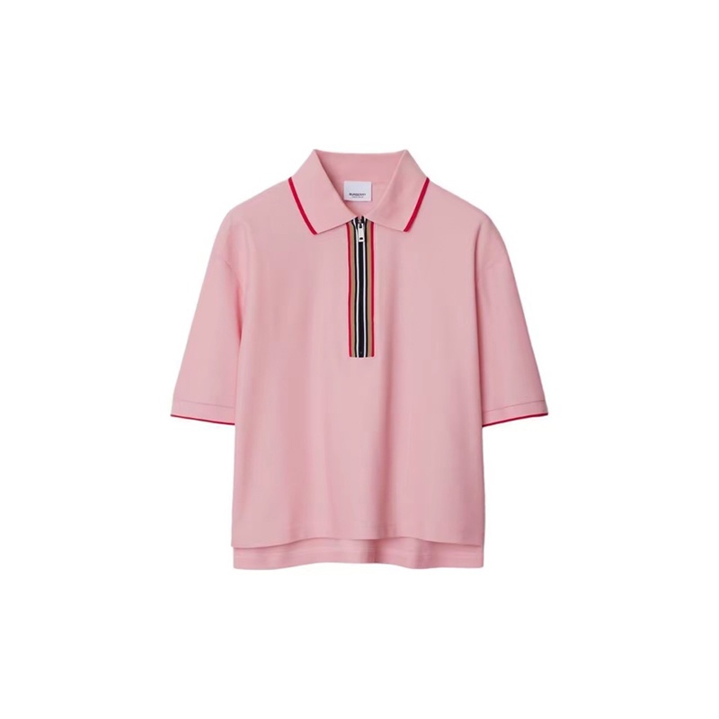 商品Burberry|【现货】博柏利 女士粉色棉质条纹半拉链休闲短袖Polo衫 80844271,价格¥1141,第2张图片详细描述