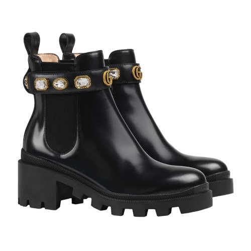 商品Gucci|GUCCI/古驰 22秋冬新款 女士黑色皮革饰水晶双G可拆卸带踝靴550036DKS001000,价格¥9745,第5张图片详细描述