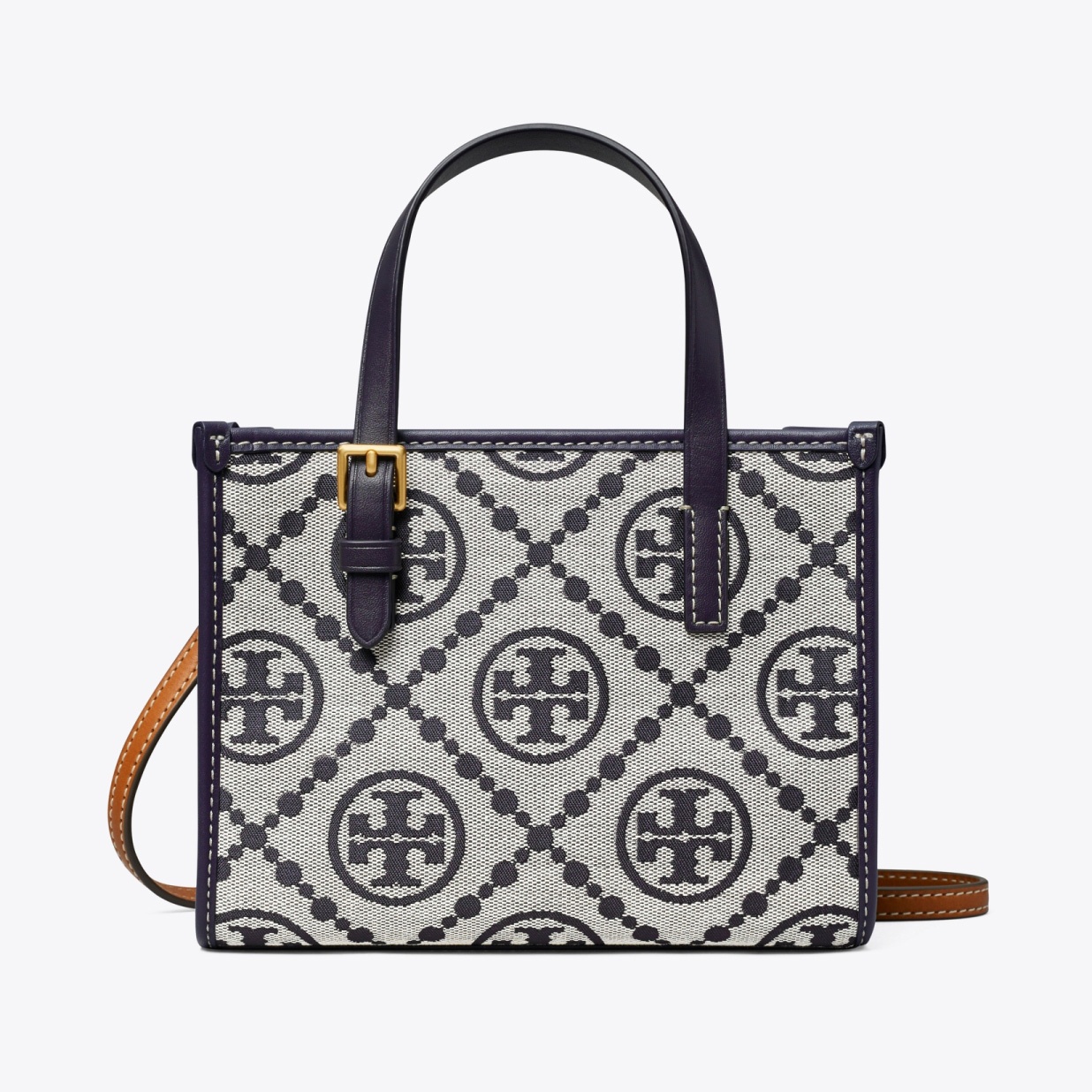 商品[国内直发] Tory Burch| 汤丽柏琦TB女包T MONOGRAM经典老花满印织物提花托特包单肩斜挎包女包 迷你 145537 海军蓝,价格¥2722,第3张图片详细描述
