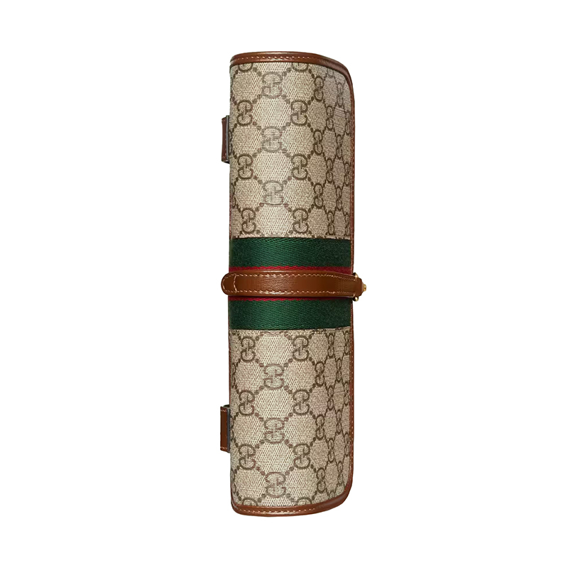 商品Prada|GUCCI/古驰 22新款 Jackie 1961系列 女士米色/乌木色老花帆布棕色皮革绿红色条纹金色饰面翻盖腰包699930HUHHG8565,价格¥15481,第5张图片详细描述