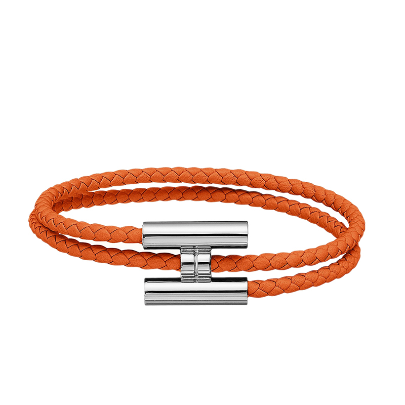 商品Hermes|HERMES/爱马仕 经典款Tournis系列 橘色小牛皮编织饰H银扣手链H068406FP93,价格¥3353,第2张图片详细描述