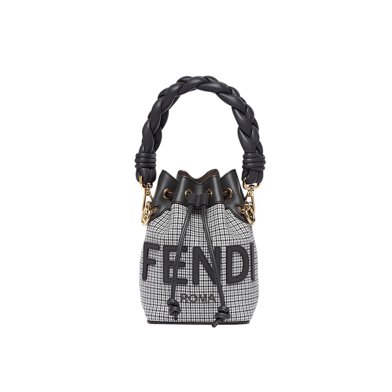 商品Fendi|芬迪 23新款 女士小号灰色羊毛千鸟格纹刺绣字母图案抽绳开合金色饰面单肩斜挎手提水桶包,价格¥13351,第2张图片详细描述