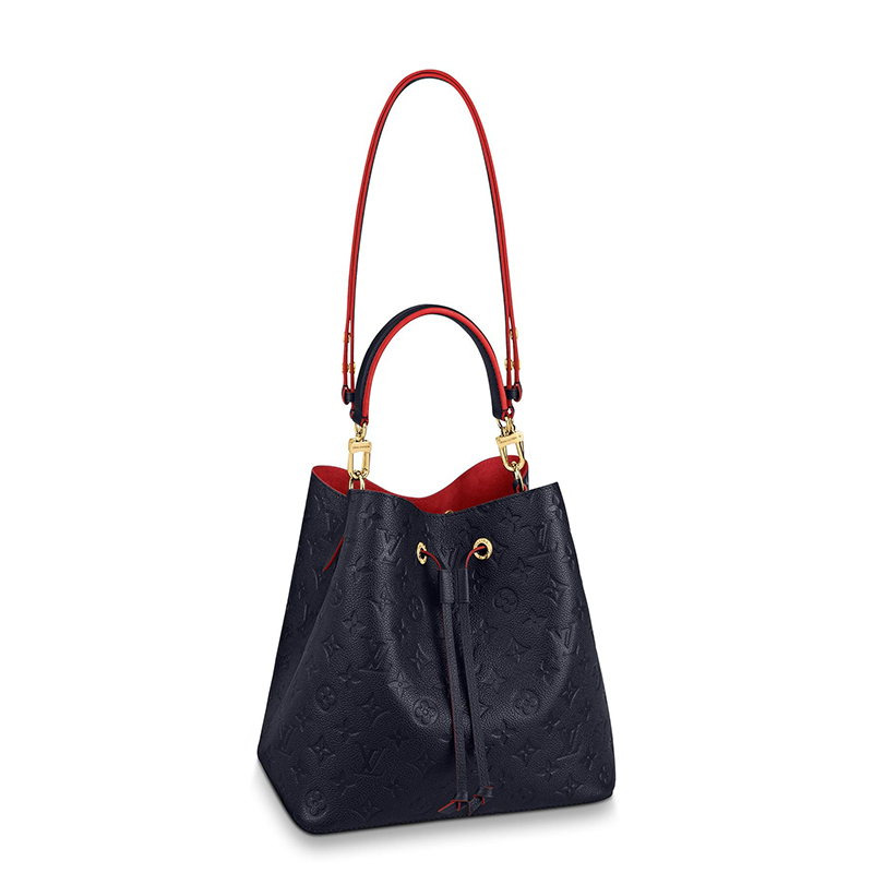 商品Louis Vuitton|预售10天 Louis Vuitton/路易威登 22春夏新款NEONOÉ系列 女士中号海军蓝老花压纹牛皮革红色细节金扣配可拆卸肩带单肩斜挎手提抽绳水桶包M45306,价格¥19299,第2张图片详细描述