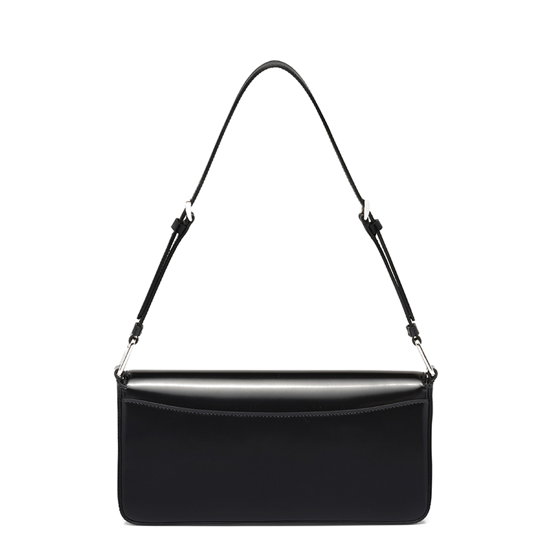 商品Prada|PRADA/普拉达 22春夏新款Femme系列 女士黑色亮面皮革银扣金属三角形徽��标单肩斜跨手提包1BD323_ZO6_F0002_V_HOO,价格¥19898,第5张图片详细描述