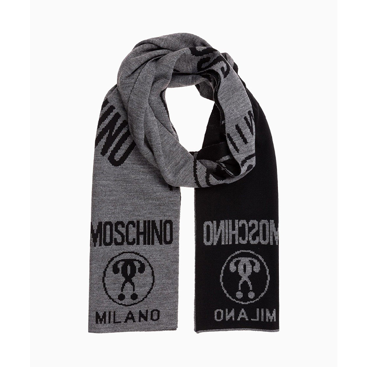 商品Moschino|MOSCHINO 莫斯奇诺 黑色羊毛混纺徽标图案男女同款围巾 送男友女友礼物 深灰色 50055 M5145 15,价格¥714,第4张图片详细描述