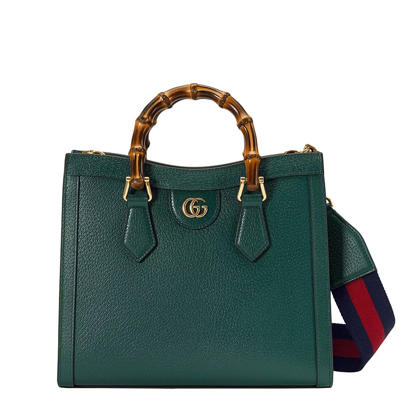 商品Gucci|GUCCI/古驰 Diana系列 女士小号绿色皮革粉色饰带金扣双竹节提手红蓝肩带单肩手提托特包702721U3ZDT3670,价格¥28166,第5张图片详细描述