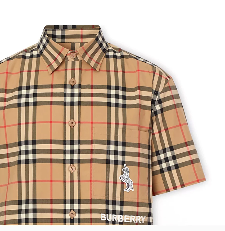 商品Burberry|BURBERRY 男士驼色棉质斑马��装饰格纹衬衫短袖 8032249,价格¥2651,第6张图片详细描述