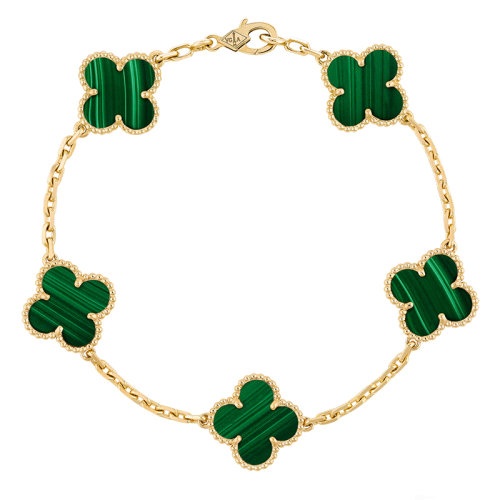 商品Van Cleef & Arpels| Van Cleef & Arpels/梵克雅宝 经典款Vintage Alhambra系列 18K金黄金镶嵌孔雀石五花四叶草 手链 VCARL80900,价格¥38314,第2张图片详细描述