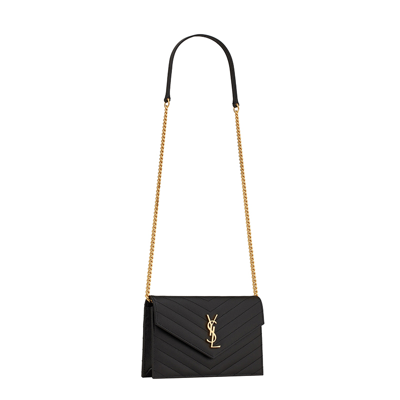 商品Yves Saint Laurent|SAINT LAURENT PARIS/圣罗兰 YSL 女士黑色小牛皮粒面压纹翻盖金色徽标绗缝信封链式钱包695108BOW011000,价格¥8404,第5张图片详细描述