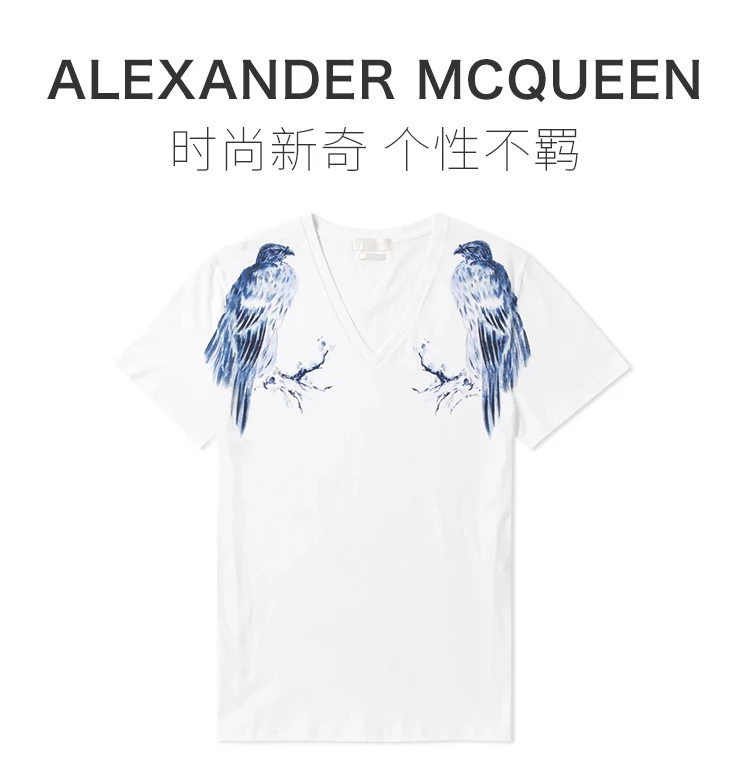 商品Alexander McQueen|Alexander McQueen 亚历山大·麦昆 男士白色印花短袖尖领套头T恤 387902-QGZ51-0900,价格¥1059,第1张图片详细描述