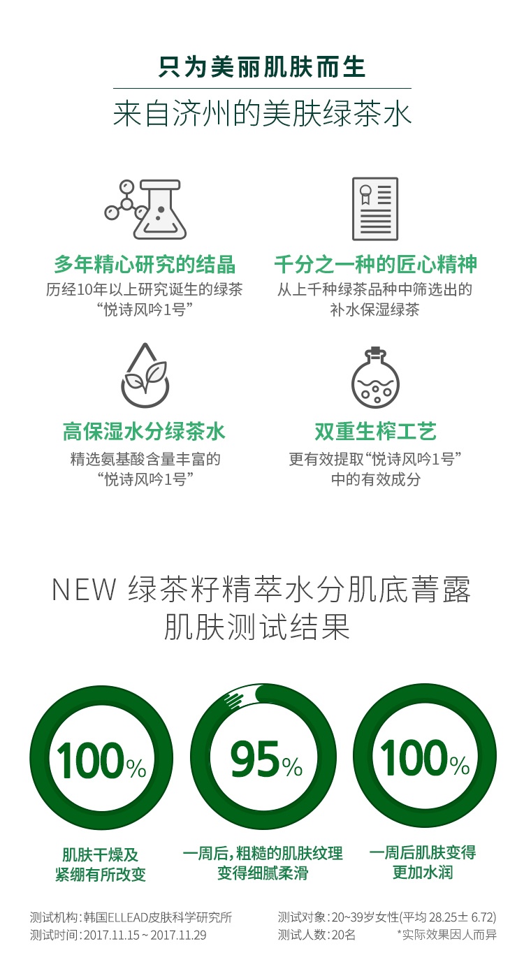 商品[国内直发] Innisfree|innisfree 悦诗风吟 绿茶籽精萃水分菁露 小绿瓶肌底精华 80毫升,价格¥117,第3张图片详细描述