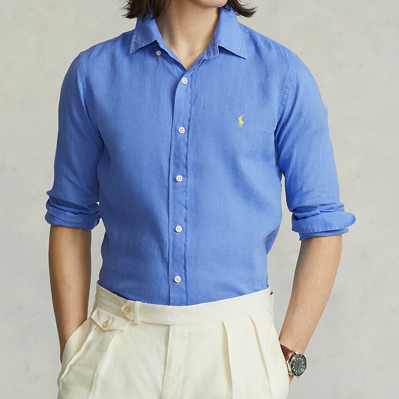 商品Ralph Lauren|拉夫劳伦 男士蓝色亚麻饰有刺绣LOGO图案尖领长袖衬衫,价格¥1455,第2张图片详细描述