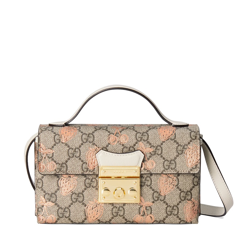 商品Gucci|【包税】GUCCI/古驰 21秋冬新款Padlock系列 女士迷你水果图案印花老花帆布白色皮革金扣斜挎单肩包652683UM6AG8295,价格¥8550,第5张图片详细描述