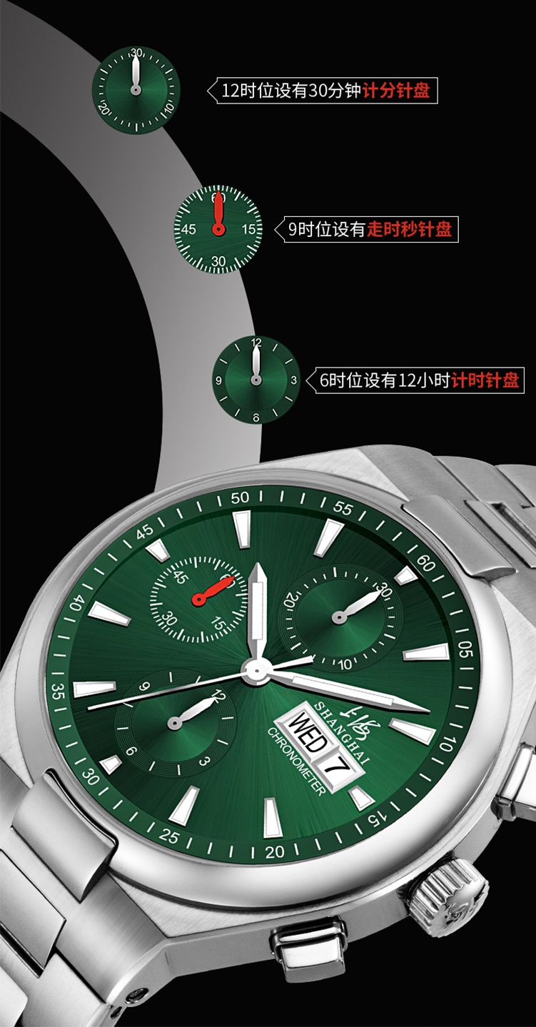 商品[国内直发] SHANGHAI WATCH|大都会系列 见证者 自动上链计时码表男士腕表,价格¥5397,第6张图片详细描述