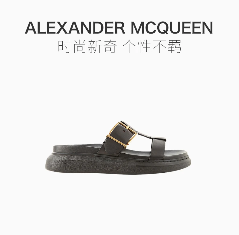 商品Alexander McQueen|ALEXANDER MCQUEEN 亚历山大·麦昆 小牛皮女士露趾平底拖鞋 621830-WHXZB-1088,价格¥1224,第1张图片详细描述