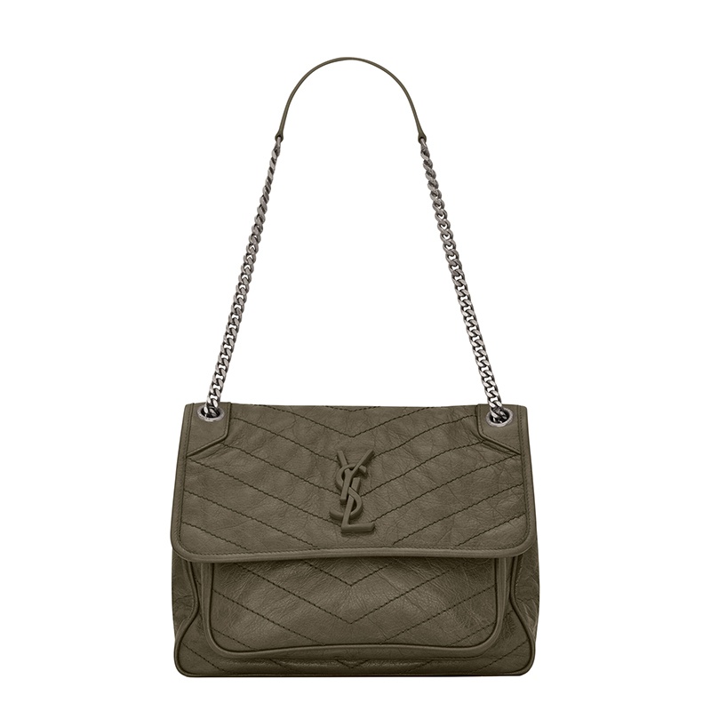 商品Yves Saint Laurent|SAINT LAURENT PARIS/圣罗兰 YSL 22春夏新款NIKI系列 女士中号灰卡其色绗缝复古褶皱牛皮革单肩手提包,价格¥20866,第2张图片详细描述