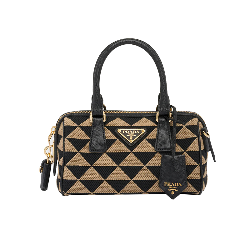 商品Prada|PRADA/普拉达 22新款 女士黑色/米色刺绣面料配saffiano皮革手柄珐琅徽��标拉链开合单肩手提斜挎包1BB846_2FKL_F0Y30_V_XOO,价格¥15598,第5张图片详细描述