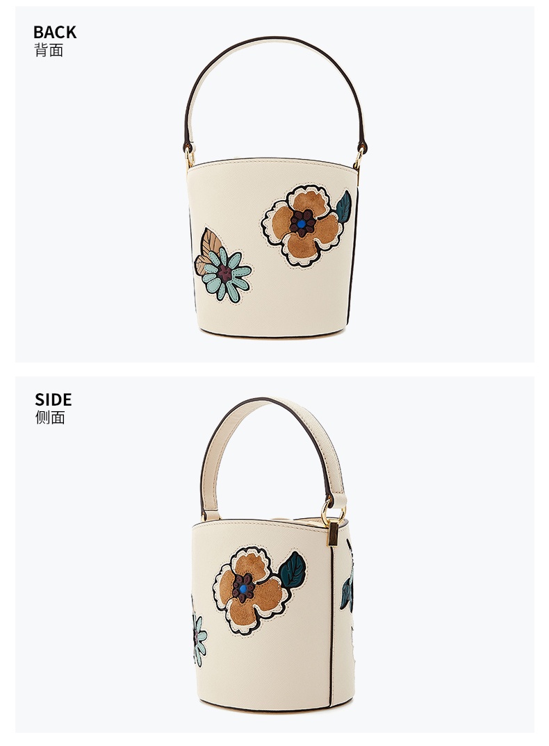 商品[国内直发] Tory Burch|托里·伯奇TORY BURCH  奢侈品TB女包时尚花朵米色皮质手提单肩斜挎包抽绳水桶包 86084-121,价格¥2974,第4张图片详细描述