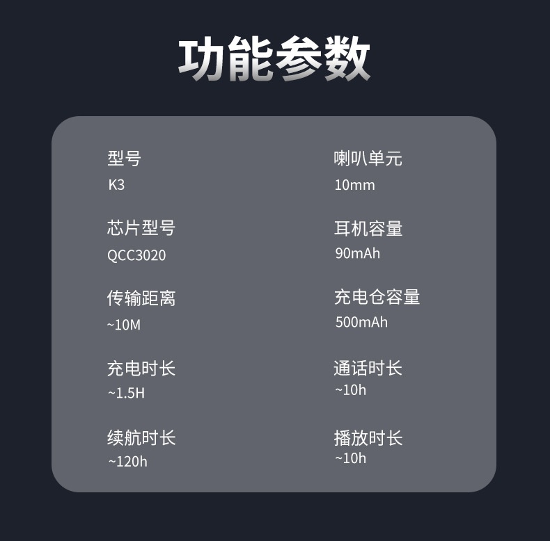 商品[国内直发] GLENVINTEN|格岚云顿新款私模商务蓝牙耳机高通ENC通话挂耳式降噪蓝牙耳机K3,价格¥358,第17张图片详细描述