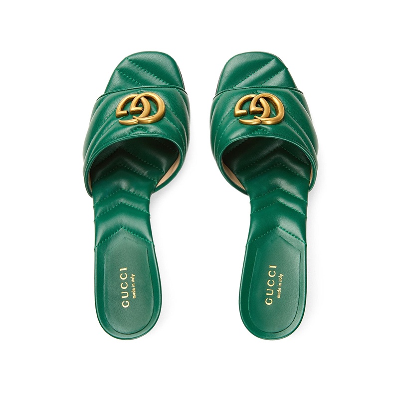 商品Gucci|GUCCI/古驰 女士绿色皮革金属双G高跟拖鞋8cm,价格¥1537,第3张图片详细描述