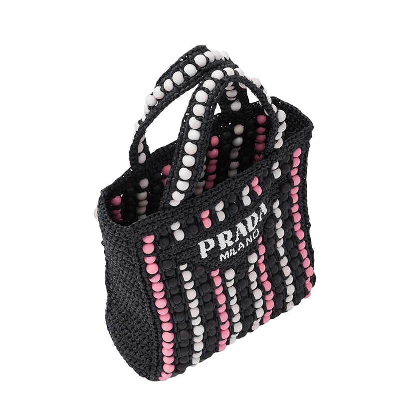 商品Prada|PRADA/普拉达 22新款 女士黑色酒椰纤维搭配彩色木质球串珠单肩手提托特包,价格¥12467,第3张图片详细描述
