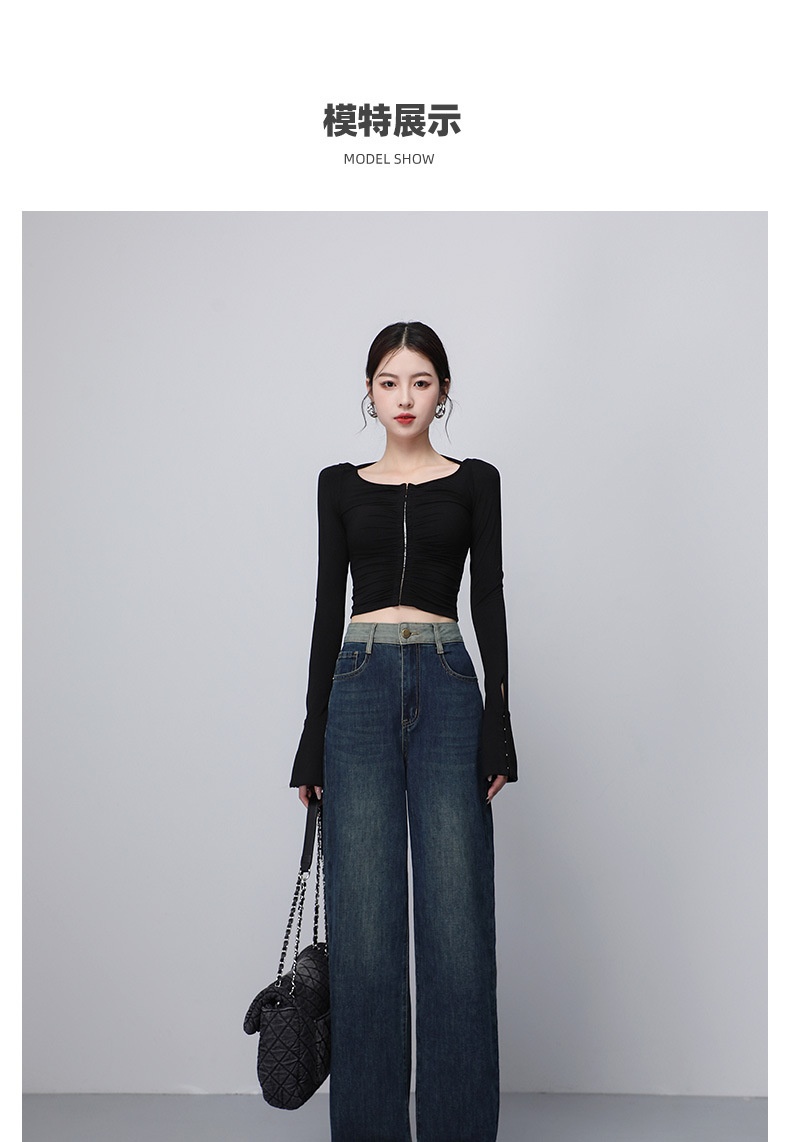 商品[国内直发] GLENVINTEN|格岚云顿英国品牌窄版弹力撞色阔腿牛仔裤女高腰垂感2024年秋装拼接高级感宽松显瘦,价格¥235,第5张图片详细描述