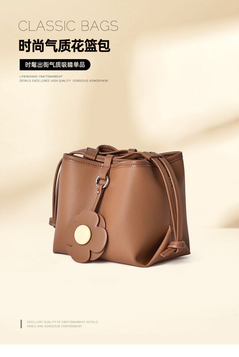 商品[国内直发] GLENVINTEN|格岚云顿2022夏季新款包包女荔枝纹大容量水桶包抽绳花朵单肩斜挎包,价格¥192,第1张图片详细描述