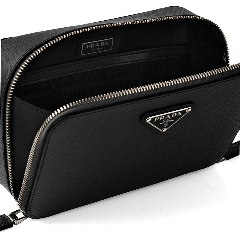 商品Prada|PRADA/普拉达 22春夏新款Brique系列 男士黑色Saffiano皮革银扣三角徽标配织物肩带单肩斜跨包2VH070_9Z2_F0002_V_EMI,价格¥16767,第4张图片详细描述